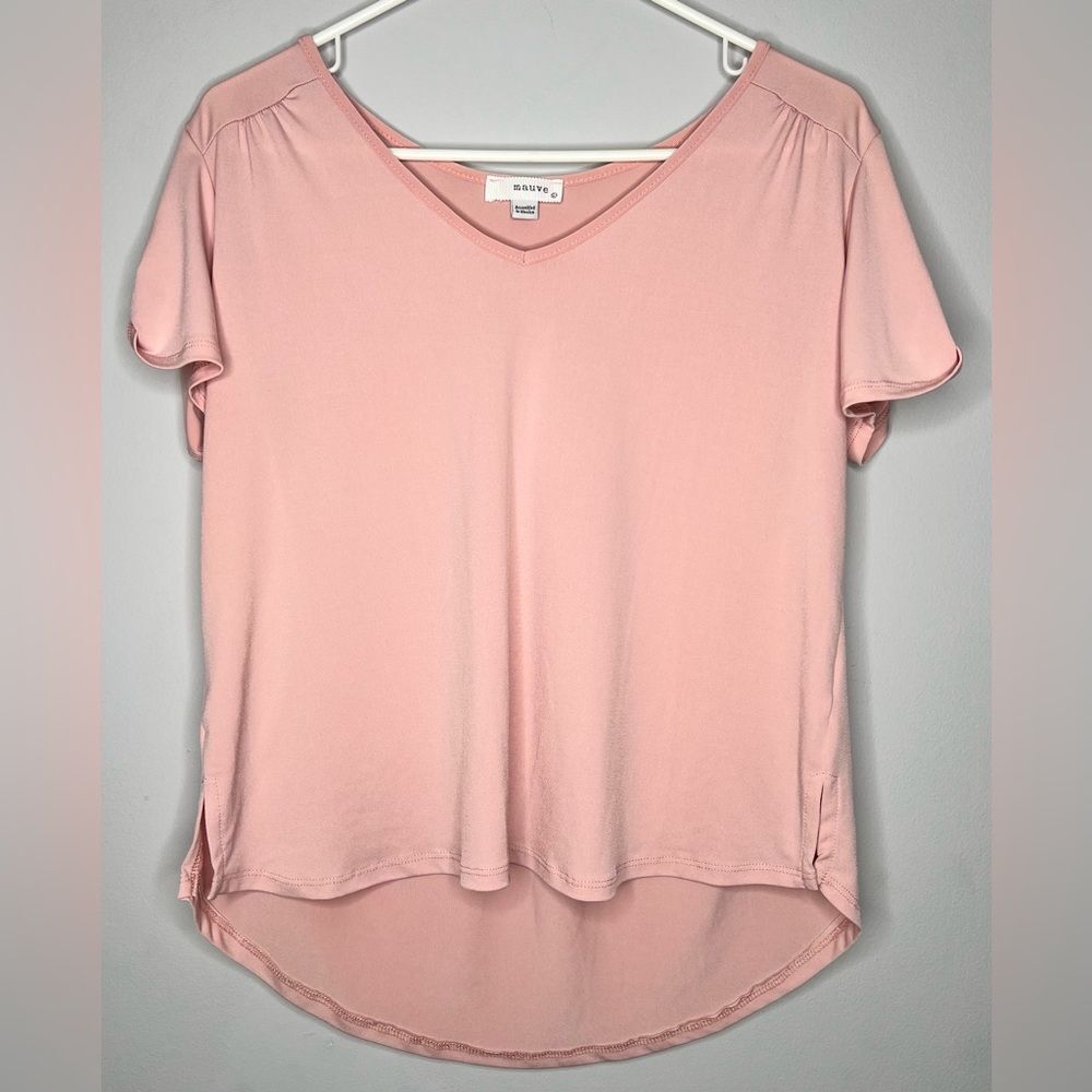 Mauve Anthropologie Short Sleeve Shirt With Gold Buttons On Sleeve Size Large
